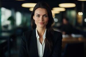 AI generated Smiling adult businesswoman wearing suit in office. Career, success, financial and business portrait of stylish confident woman manager looking at camera photo