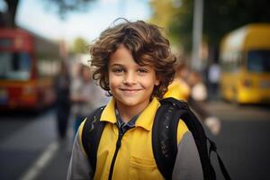 ai generado retrato de sonriente hermoso colegial al aire libre, Rizado chico con mochila a colegio autobús detener mirando a cámara. espalda a escuela, educación concepto foto