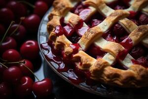 ai generado de cerca Cereza tarta horneando dulzura postre con bayas foto