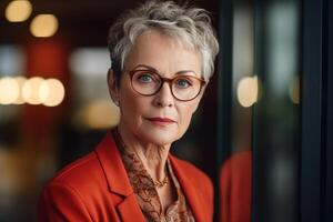 AI generated Portrait stylish confident middle aged business woman in suit and glasses looking at camera, caucasian senior lady businesswoman with gray hairstyle indoors photo