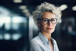 AI generated Portrait stylish confident middle aged business woman boss in shirt and glasses standing in office, caucasian senior lady businesswoman with gray hairstyle indoors with copy space photo