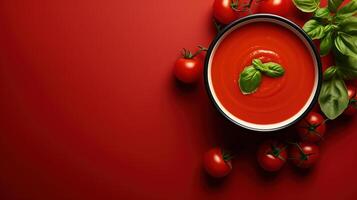 AI generated Top view tomato soup with vegetables ingredients on red background, vegan food minimalism banner with copy space photo