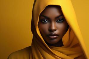 ai generado hermosa sensual africano americano mujer modelo con maquillaje y vistiendo amarillo Pañuelo mirando a cámara, retrato foto