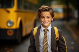 AI generated Portrait of happy smiling handsome schoolboy in suit with backpack at school bus stop looking at camera. Back to school, education concept photo