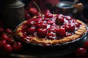 ai generado de cerca dulce Fresco Cereza tarta horneando postre, manojo de bayas foto