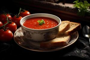 ai generado vegetariano almuerzo, de cerca de un taza de tomate sopa y un pan en el mesa foto