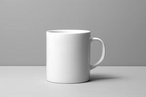 AI generated Close-up of a white mug with a handle on a gray background, a minimalist mockup photo