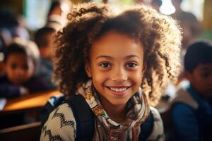 AI generated Portrait of happy afro american schoolgirl in classroom, positive smiling curly girl at school looking at camera photo