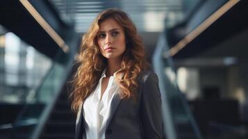 AI generated Business portrait of a stylish young caucasian woman in a suit standing indoors in an office and looking away photo