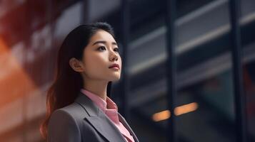 AI generated Asian businesswoman in suit looking away, banner whith copy space. Portrait of confident successful young woman in business district photo