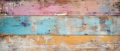 AI generated Cracked shabby old multicolored paint on wooden fence boards, texture background banner photo