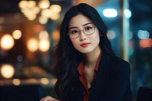 AI generated Stylish young asian woman wearing eyeglasses and suit in office looking at camera photo