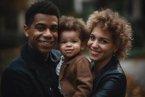 ai generado retrato de un contento multiétnico familia, sonriente padres y pequeño hijo niño al aire libre foto