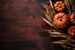 AI generated Harvest concept, top view orange pumpkins and ears of corn on wooden background with copy space photo