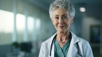 ai generado linda antiguo mujer médico vistiendo estatoscopio y laboratorio abrigo, mayor hembra médico en pie en hospital y mirando a cámara. bandera medicina y tratamiento con Copiar espacio foto