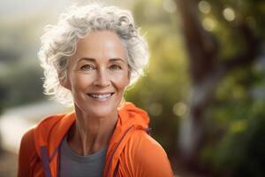 AI generated Portrait of smiling cheerful middle-aged caucasian woman in autumn clothes in forest outdoors. Active lifestyle and senior people photo