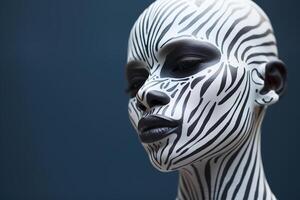 AI generated Beautiful bald african american woman with zebra pattern on her face looking away, female fashion beauty portrait photo