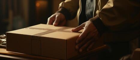 AI generated Close-up of African American man hands holding a package cardboard box. Postal delivery service photo