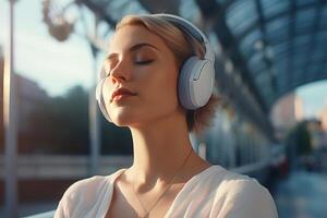 ai generado música terapia, armonía, mental salud concepto. bonito joven mujer disfrutando música con auriculares al aire libre foto