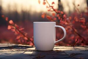AI generated White cup with space for branding standing on a wooden table outdoors. Close-up mug layout in nature against the background of a red plant photo