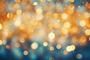 AI generated Festive background, bokeh yellow-blue lights. Christmas abstract backdrop photo