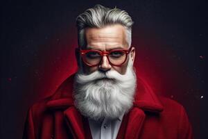 ai generado elegante moderno Papa Noel claus concepto. retrato de brutal canoso bigotudo mayor hipster hombre con de moda peinado vistiendo rojo traje y anteojos, mirando a cámara foto