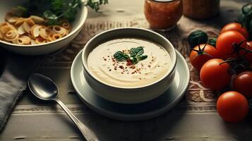 AI generated Vegetarian lunch, close-up of a cup of thick creamy soup with spices with tomatoes and bread on a tablecloth indoors photo