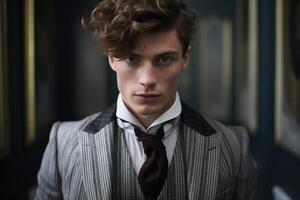 ai generado belleza retrato de un elegante caucásico joven hombre en un Clásico traje, un elegante hermoso chico masculino modelo con un peinado mirando a cámara foto