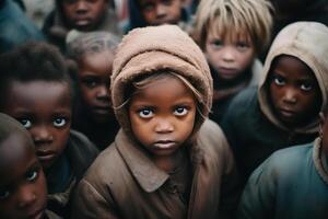 ai generado social problemas de pobreza, desigualdad y migración. grupo de africano pobre inmigrante niños al aire libre, hambriento niños mirando a cámara foto