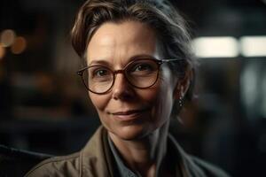 AI generated Portrait of cute smiling senior woman worker in glasses standing in workshop, middle-aged caucasian female mechanic in overalls looking at camera photo