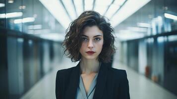 AI generated Elegant stylish young business woman in suit with short hairstyle standing in office corridor and looking at camera photo