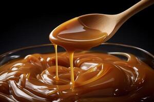 AI generated Dulce de leche on a wooden spoon, close-up of a traditional Argentine sweet condensed milk photo