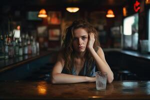 AI generated Lonely depressed woman sitting in bar with glass of alcohol and looking at camera, caucasian tired young woman alcoholic. Female alcoholism, bad habit addiction concept photo