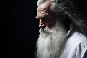 AI generated Portrait of wise serious focused old man with gray beard on dark background, strong confident senior man in white robe looking away photo