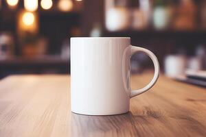 AI generated Close-up of a white mug with a handle mock-up, a cup standing on a wooden table inside the room photo