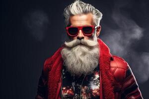 ai generado retrato de brutal gris peludo bigotudo mayor hipster hombre en oscuro antecedentes. elegante barbado antiguo hombre con de moda peinado vistiendo rojo traje y lentes foto