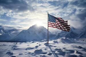 ai generado ondulación americano bandera en polo en Nevado montañas en soleado día, Copiar espacio foto