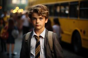 ai generado retrato de hermoso colegial en traje al aire libre, chico en chaqueta y Corbata con mochila a colegio autobús detener mirando a cámara. espalda a escuela, educación concepto foto