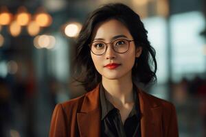 AI generated Businesswoman, female manager, career woman business portrait. Asian stylish confident young woman boss wearing glasses and suit looking at camera while standing in office photo