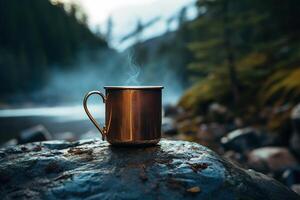 ai generado de cerca de cámping jarra con caliente bebida y vapor en pie en contra fondo de montañas cerca arroyo, Bosquejo. bronce sencillo taza con sitio para marca en naturaleza, excursionismo concepto foto