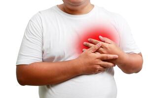fat man wearing white shirt put your hand on the chest On the left, he had difficulty breathing. risk of coronary heart disease, diabetes, high blood pressure hyperlipidemia. isolated. Clipping Path photo