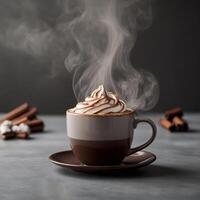 AI generated A steaming cup of hot Cocoa with whipped cream on top, surrounded by cinnamon sticks and cookies. ai generative photo