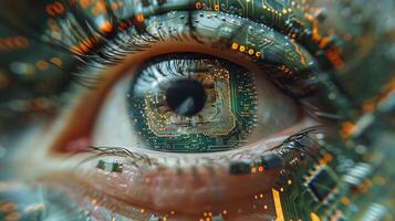 AI generated A human eye with a microchip inside. photo