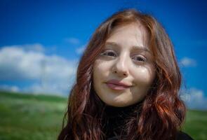 red haired woman in the park, pretty woman in the nature photo