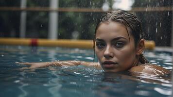 ai generado retrato de un bonito niña en el piscina, mojado retrato, mojado gir en el piscina, mujer es nadando en el piscina foto