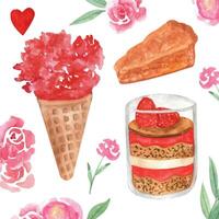 Hand drawn watercolor ice cream set with desserts vector