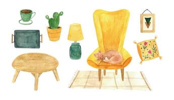 Watercolor set of high quality hygge clipart about Cozy little house. Hygge home decor and cozy interior living room or bedroom. Cute home plant, table lamp, coffee, pillow and cat in armchair. vector