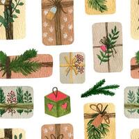 Cute watercolor seamless pattern with gifts boxes. Rustic Christmas clipart vector