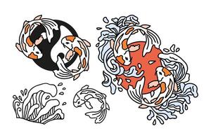 Japanese Koi fishes in round zen symbol in vector hand drawn style.
