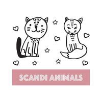 Vector set of adorable animals in trendy Scandinavian style. Funny, cute, hugge, hand drawn illustration for poster, banner, print, decoration kids playroom or greeting card.